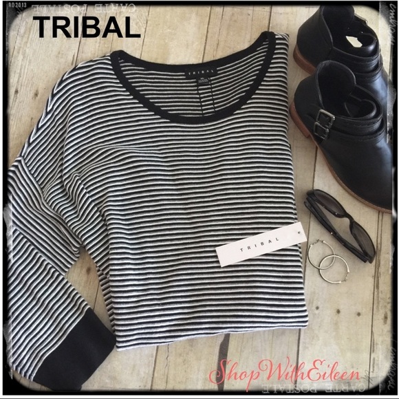 Tribal Sweaters - TRIBAL Black & White Striped Light Sweater